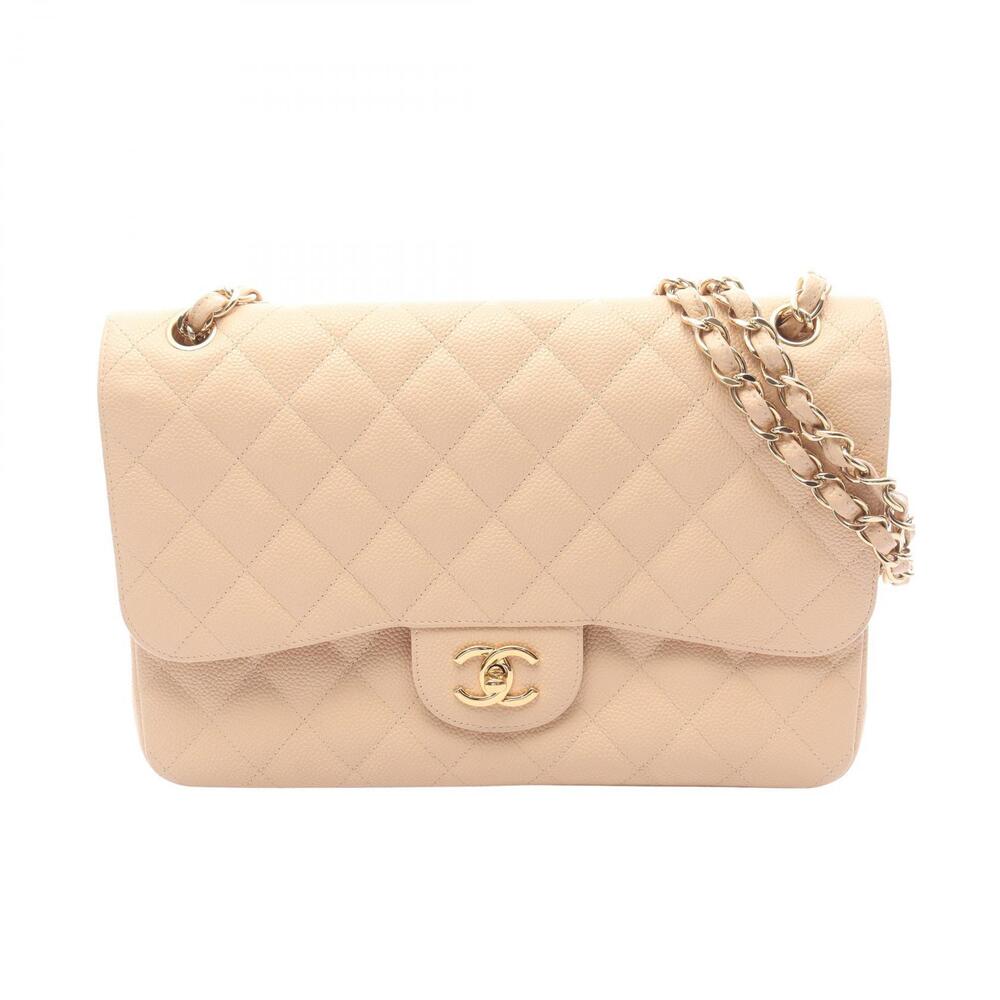 Chanel Double Flap Shoulder Bag Caviar Leather Grained Calfskin Beige